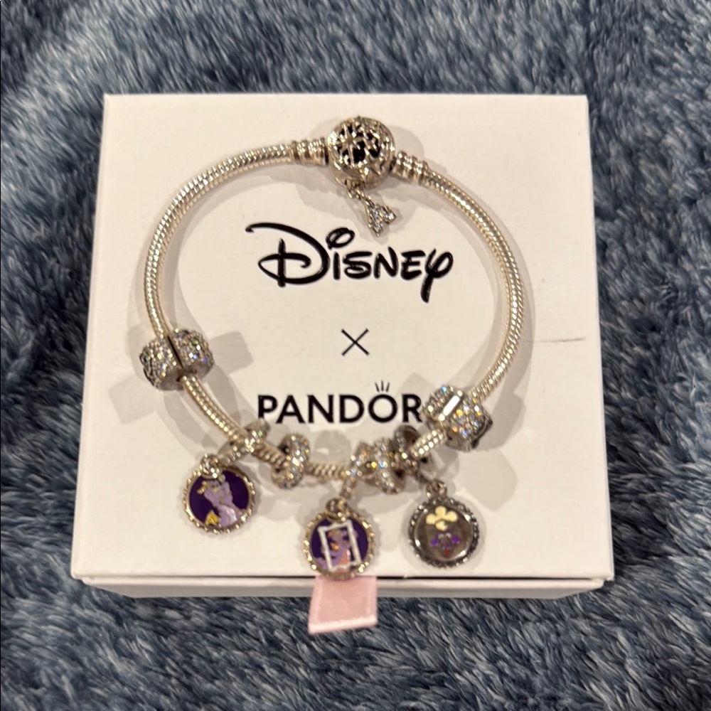 Pandora Silver Bracelet with Purple and Pink Charms